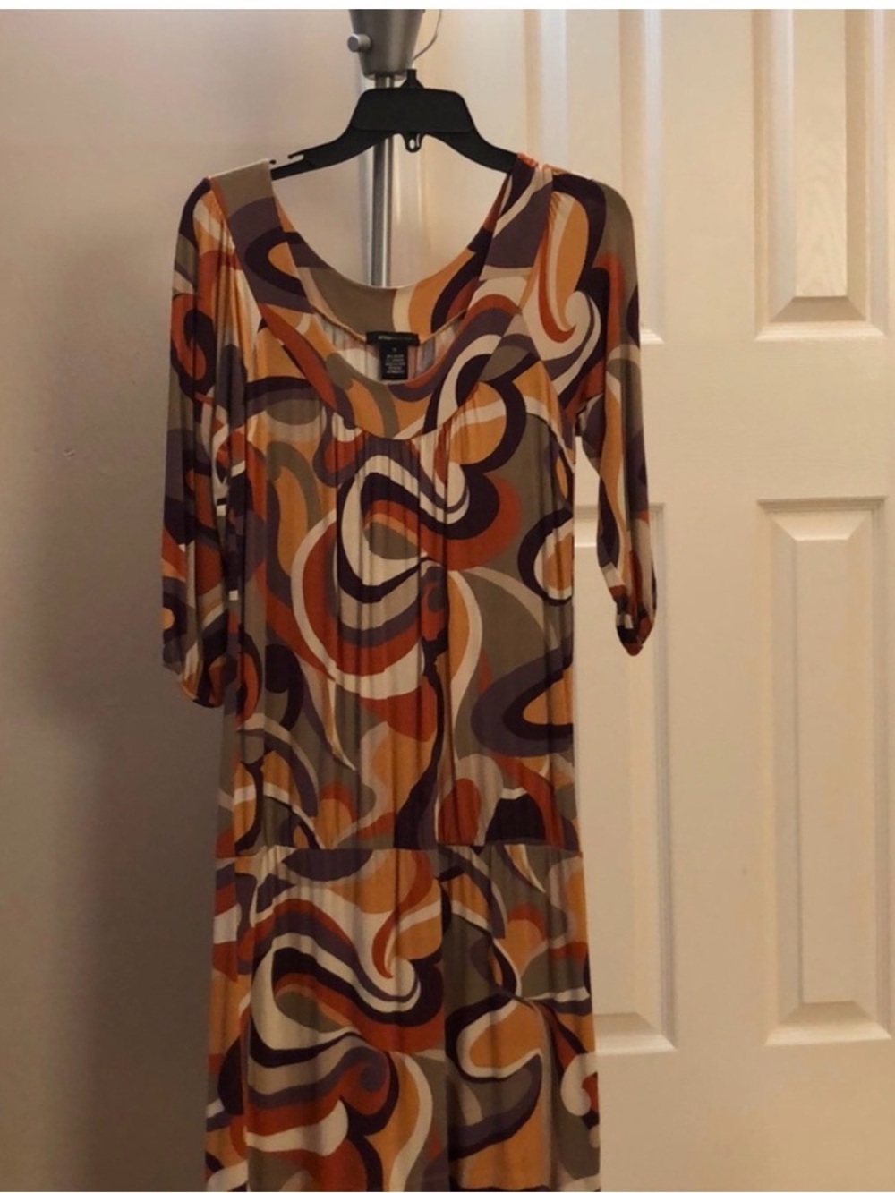 BCBGMaxAzria Retro Swirl Midi Dress in Orange, Brown & Cream